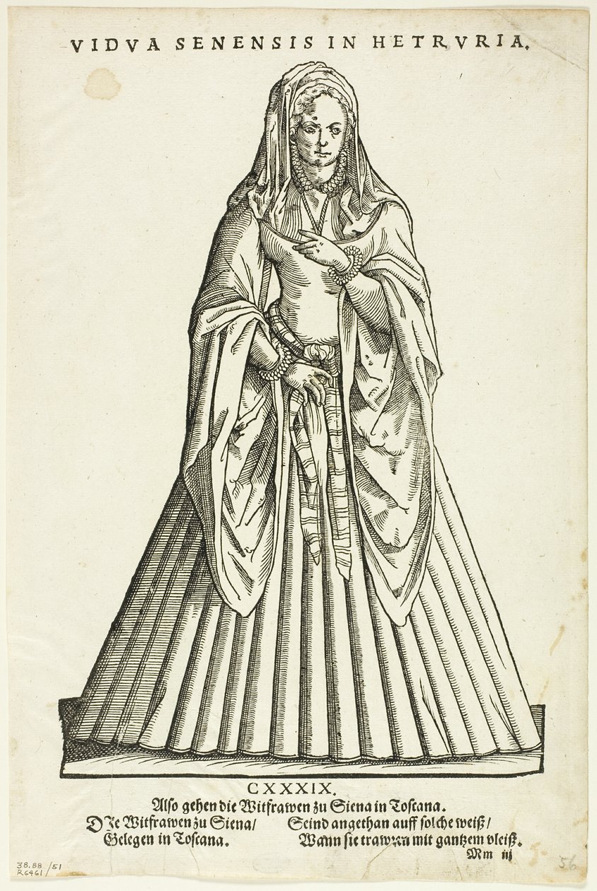 Vidua Senensis in Hetruria (Viúva de Siena na Toscana) do Trachtenbuch de H. Weigel, placa 51 de Woodcuts from Books of the XVI Century de Jost Amman