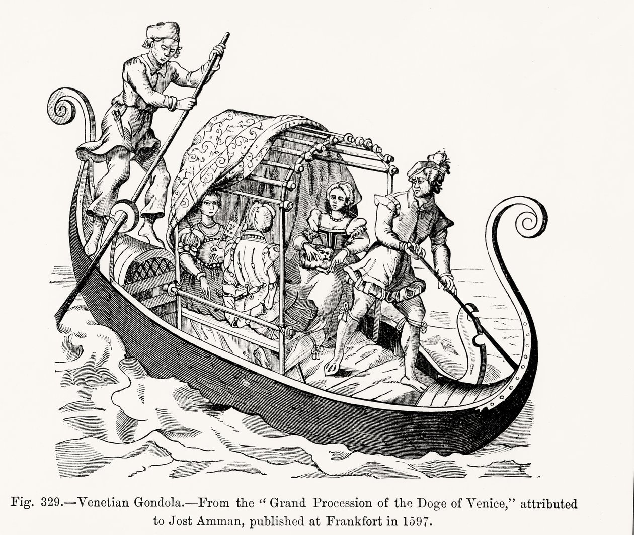 Gôndola veneziana, da Grande Procissão do Doge de Veneza, ilustração da Ciência e Literatura da Idade Média e do Renascimento, escrita e gravada por Paul Lacroix, 1878 ( de Jost (after) Amman