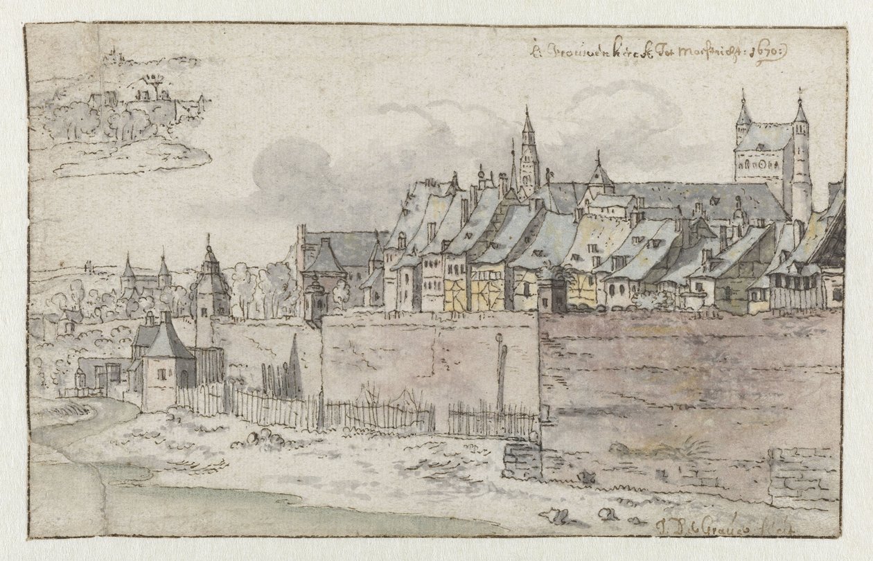 Vista das Paredes de Maastricht com o Onze-Lieve-Vrouwekerk no Fundo de Josua de Grave
