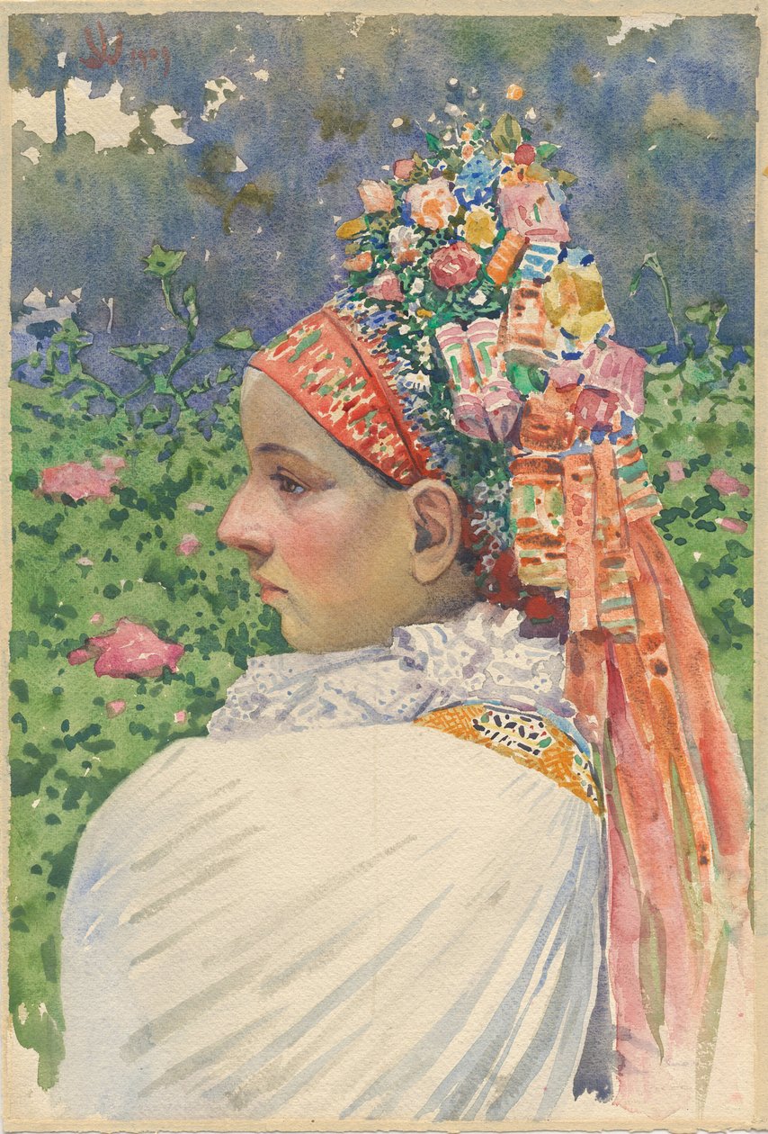 Slovak Bride par Uprka, Joza (1861-1940). Óleo sobre tela, tamanho : 54,8x37 de Joža Uprka