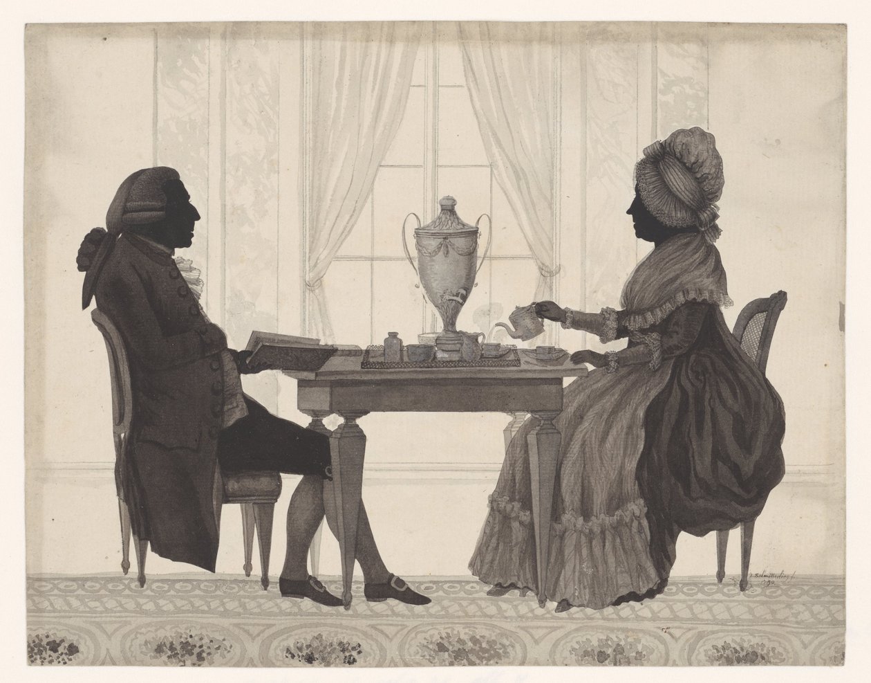 Silhuetas de Louis Metayer (* 1728) e Antoinette Bernard (* 1735) na mesa de Jozef Adolf Schmetterling