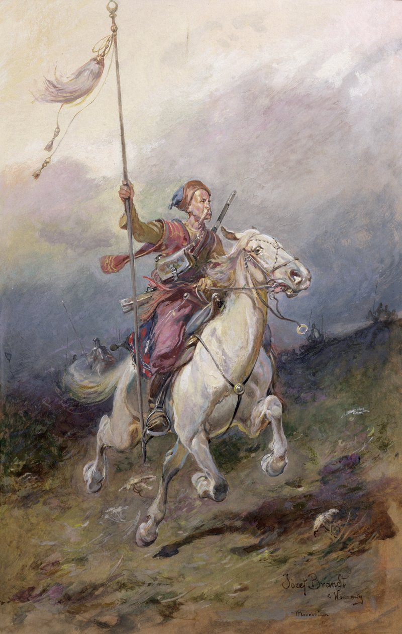 O Pathfinder, um cavaleiro polonês do século XVII em um carregador branco de Jozef Brandt