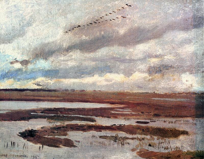 Guindastes, paisagem, de, prado de Jozef Marian Chemonski