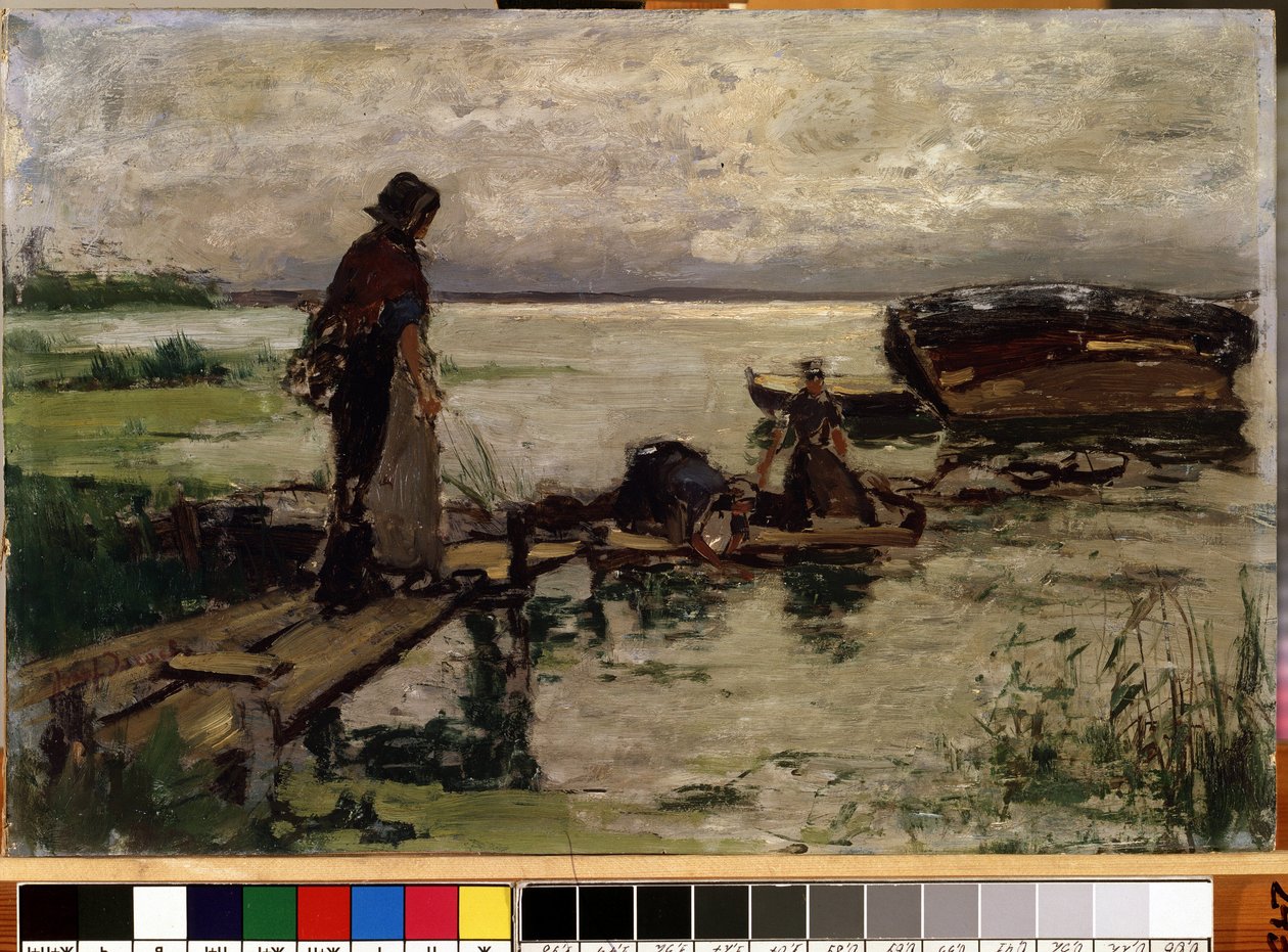 "À beira-mar" (Sur le rivage) Mulheres camponesas holandesas à beira-mar. Pintura de Josef Israels (1824-1911) Mikalojus Konstantinas Ciurlionis Museum of Fine Arts, Kaunas, Lituânia de Jozef  Israels