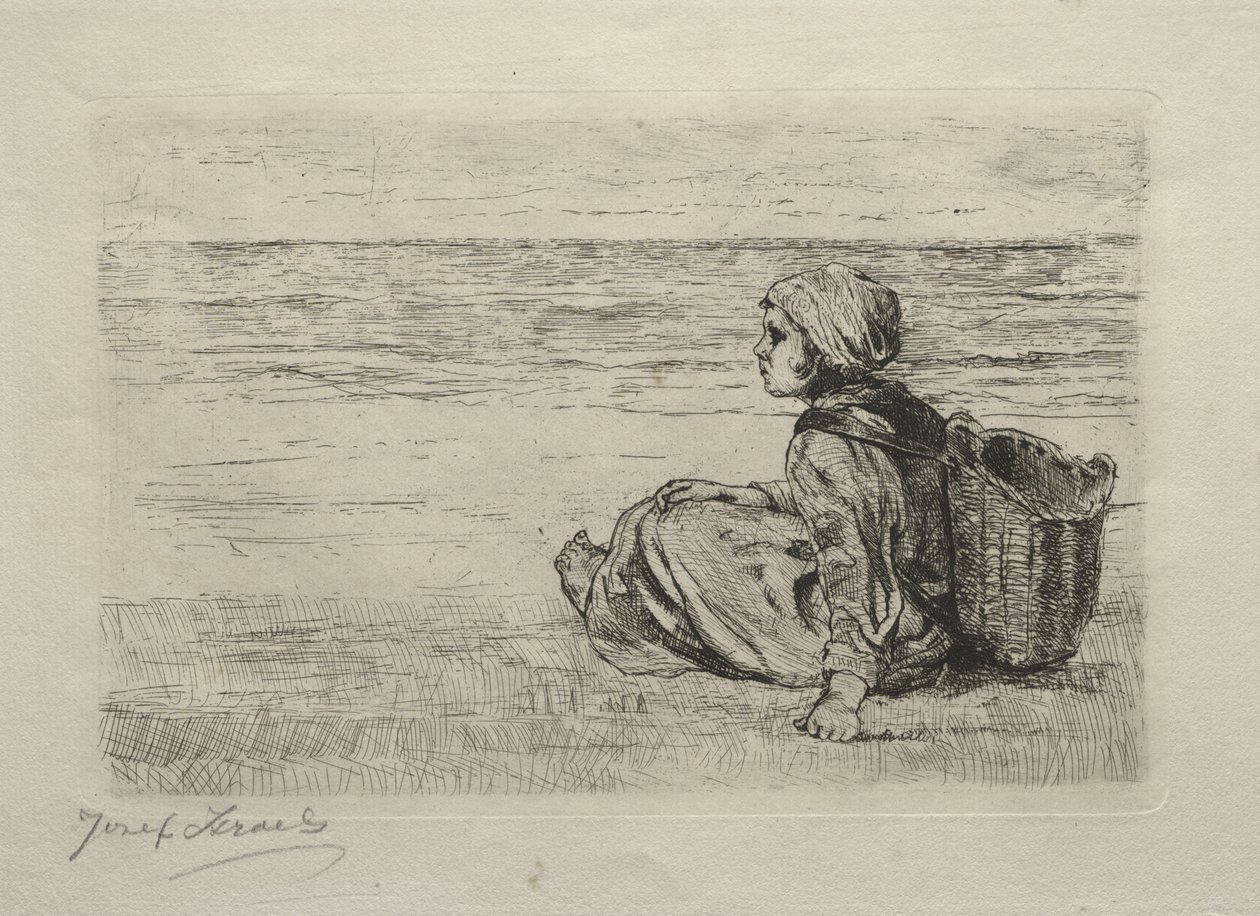 Menina com cesta sentada na praia de Jozef Israëls