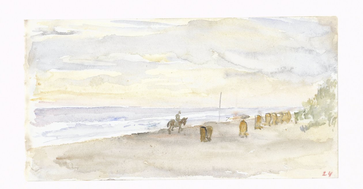 Vista de praia com cavaleiro e cadeiras de praia de Jozef Israëls
