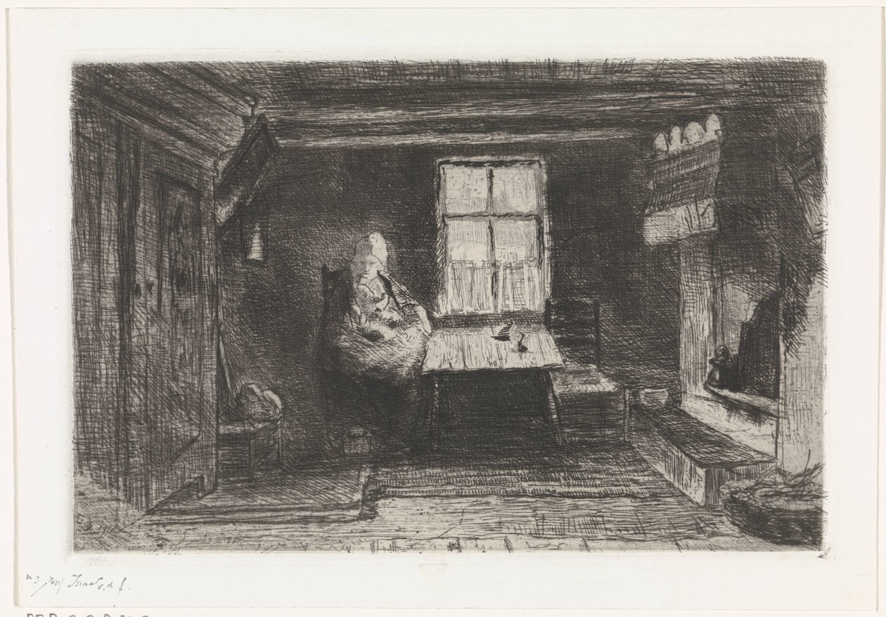 Interior com mãe e filho de Jozef Israëls (signed by artist)