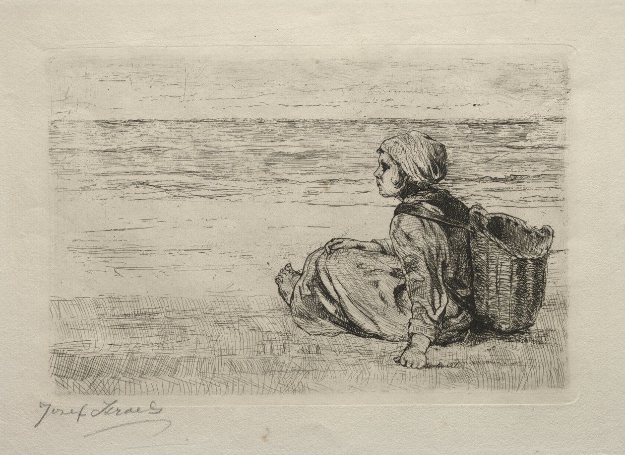 Menina com cesta sentada na praia de Jozef Israëls