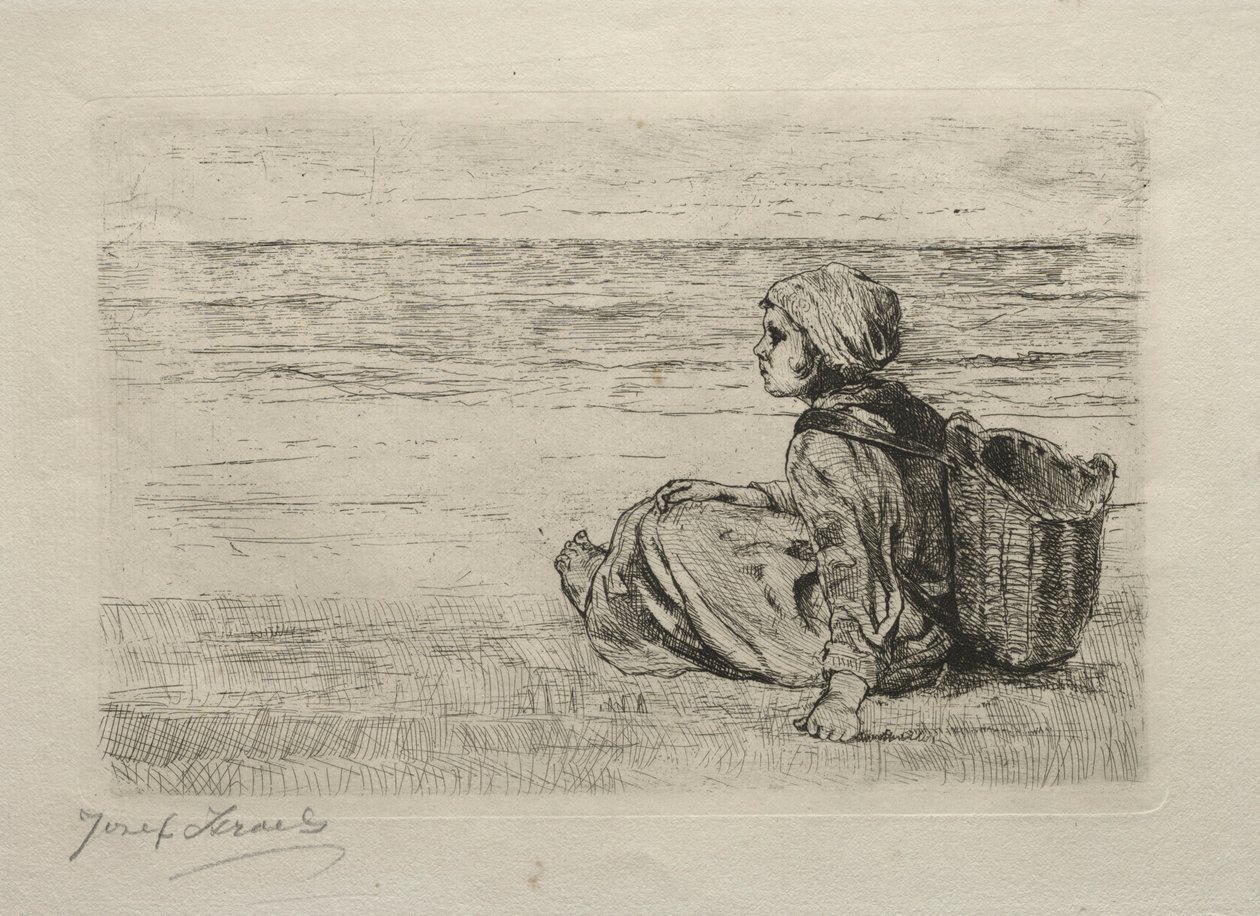 Menina com cesto sentado na beira da praia. de Jozef Israëls