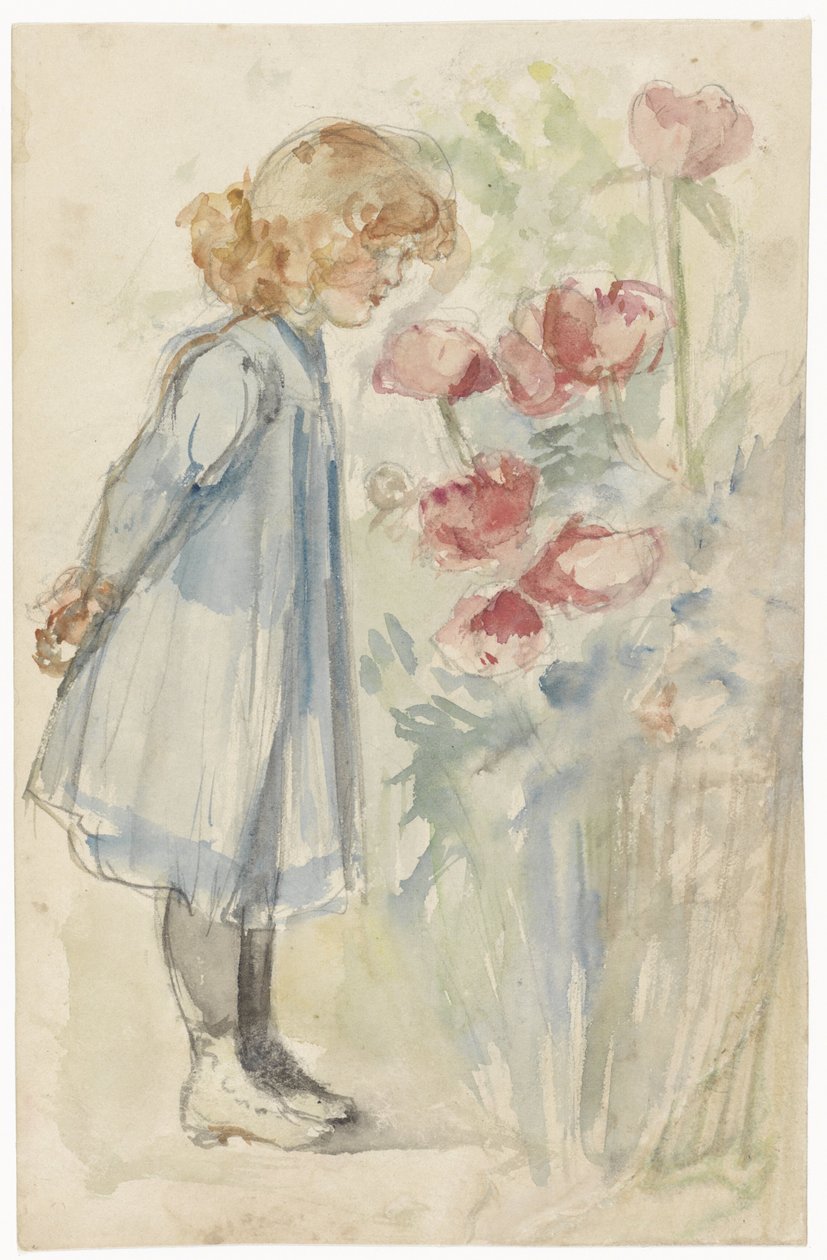 Garota de pé no jardim de flores de Jozef Israëls