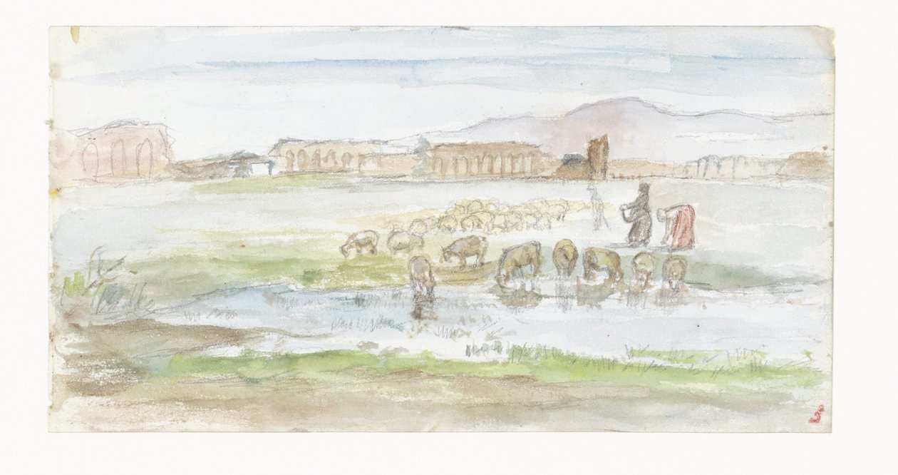 Planície com ovelhas, nas ruínas de fundo de um aqueduto de Jozef Israëls