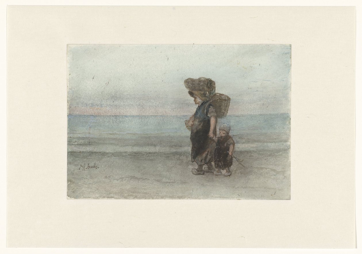 Mulher com criança, caminhando ao longo da praia de Jozef Israëls