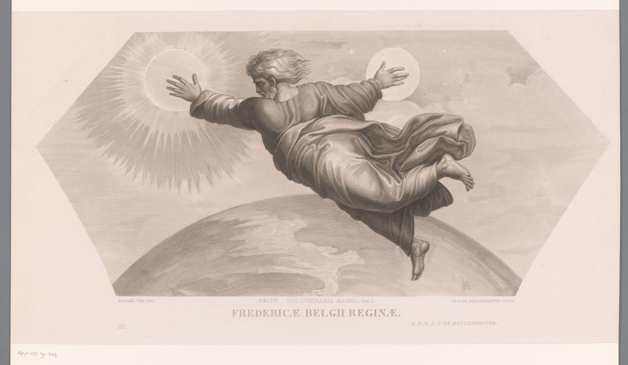 Deus cria o sol e a lua
Fecit duo luminaria magna. gen. I. Fredericae Belgii reginae (título sobre o objecto)
Les loges de Raphaël (...) sujets de la bible (título da série)
Cenas bíblicas dos alojamentos de Rafael (título da série) de Jozef Karel De Meulemeester
