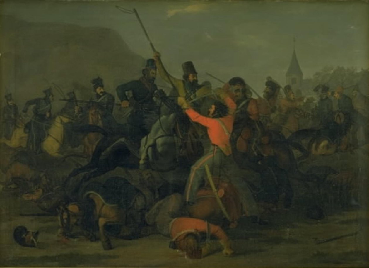Queda do coronel Boncke Bönnichsen em 6 de dezembro de 1813 durante um duelo entre dragões da Jutlândia e cossacos de Jørgen V. Sonne