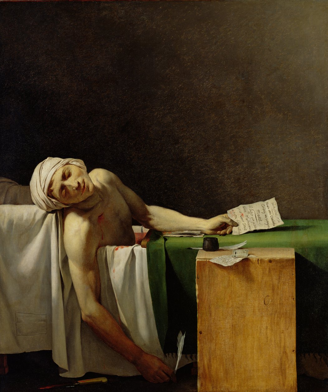 A Morte de Marat, após o original de Jacques-Louis David (1748-1825) (óleo sobre tela) de Jérôme Martin Langlois