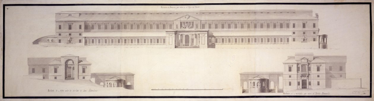 Gabinete de História Natural, hoje Museu do Prado. Elevação das fachadas principal e lateral (n ... de Juan de Villanueva