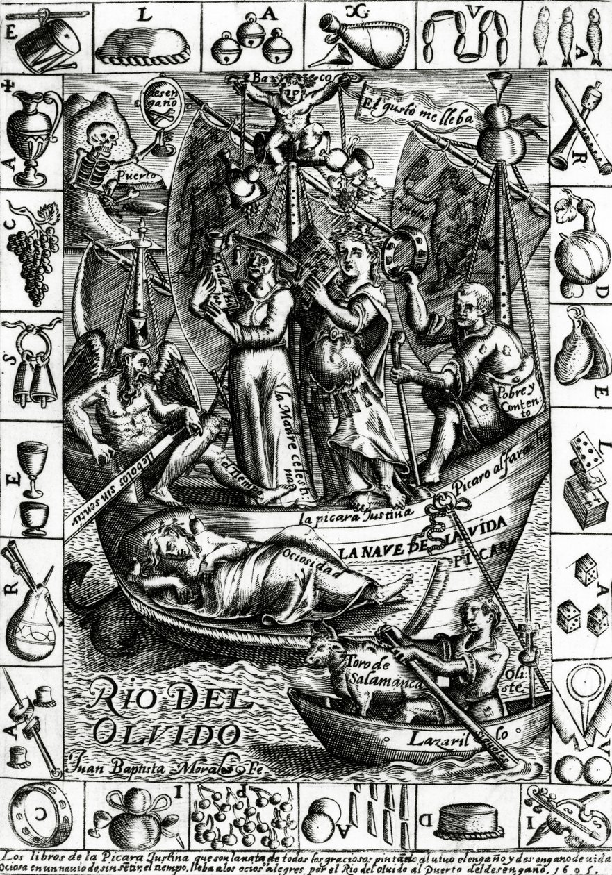 Capa para a primeira edição de &39;La Picara Justina&39; de Francisco Lopez de Ubeda, publicada em 1605 de Juan Bautista Morales