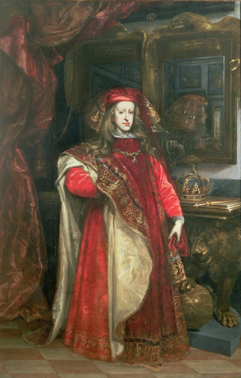 Rei Carlos II de Espanha (1661-1700) usando as vestes da Ordem do Tosão de Ouro de Juan Carreño de Miranda