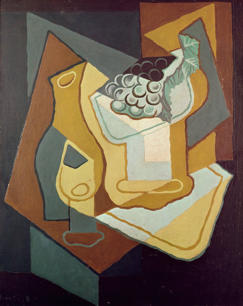 Garrafa, Prato de Vidro e Fruta, 1921 de Juan Gris