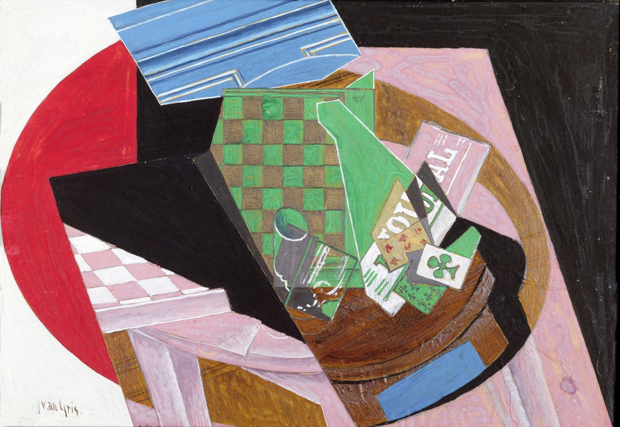 Draughtboard e cartas de baralho (guache e lápis sobre papel montado em papelão) de Juan Gris