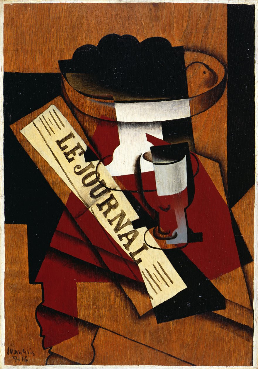 Prato de Fruta, Vidro e Jornal, 1916 de Juan Gris