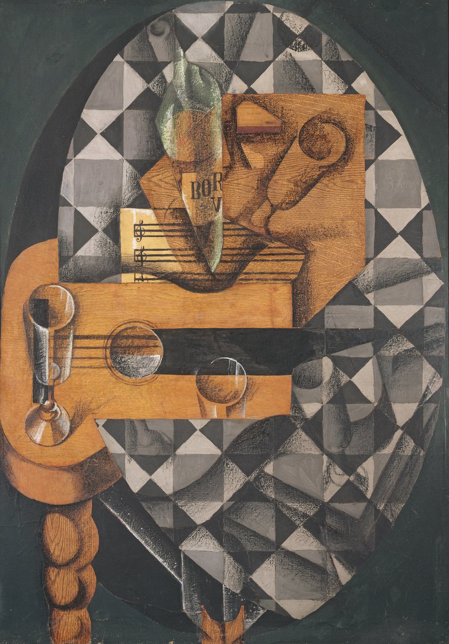 Guitarra, Garrafa e Vidro, 1914 (papéis colados, guache e giz de cera sobre tela) de Juan Gris