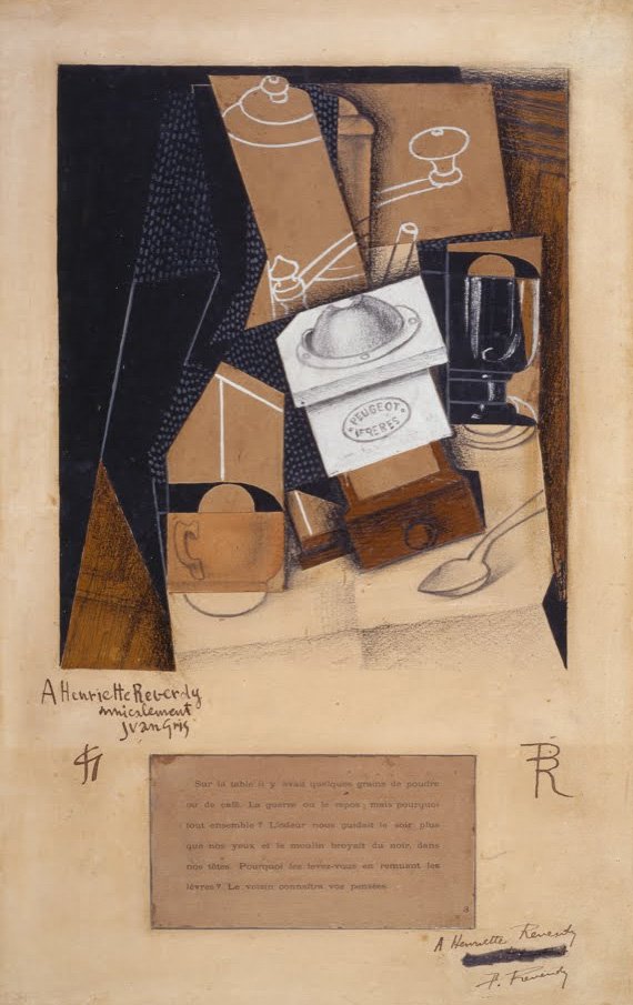 Moedor de café, copo e copo sobre uma mesa de Juan Gris
