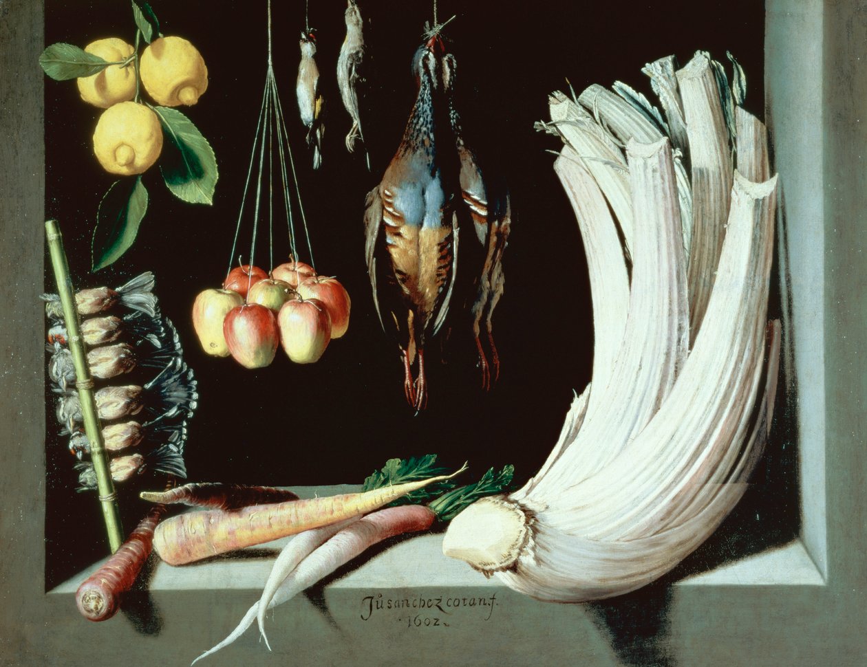 Ainda vida com pássaros mortos, frutas e legumes, 1602 de Juan Sanchez Cotan