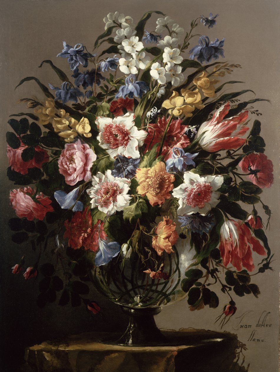Ainda vida de flores em um vaso de vidro de Juan de Arellano