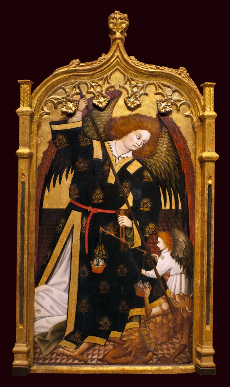 O arcanjo São Miguel. Pintura atribuída a Juan Hispalense (século XV), óleo e ouro sobre madeira, cerca de 1480. Museu de Belas Artes de Sevilha, Espanha. de Juan (attributed to) Hispalense