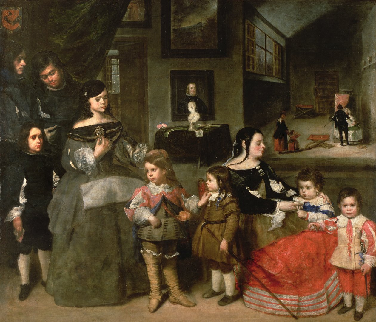 A Família de Artistas, à esquerda as quatro crianças dos artistas primeiro se casam à filha de Diego Velasquez, Gaspar, Melchior, Baltasar e María Teresa; à direita sua segunda esposa Francisc de Juan Bautista Martinez Del Mazo