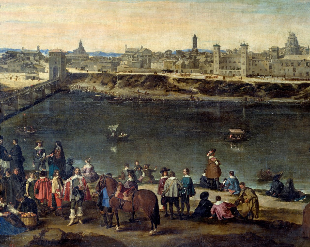 Vista da cidade de Saragoça (Zaragoza) em 1646 Detalhe representando cavalheiros e comerciantes ao longo do rio. Pintura de Juan Bautista del Mazo (1612-1667) 1646 Madrid, Museu do Prado de Juan Bautista Martinez Del Mazo