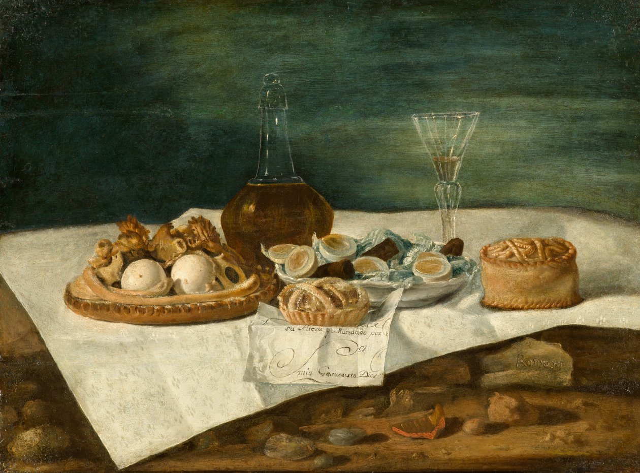 Ainda vida com Pasteries, vinho e ovos, c.1770-1790 de Juan Bautista Romero