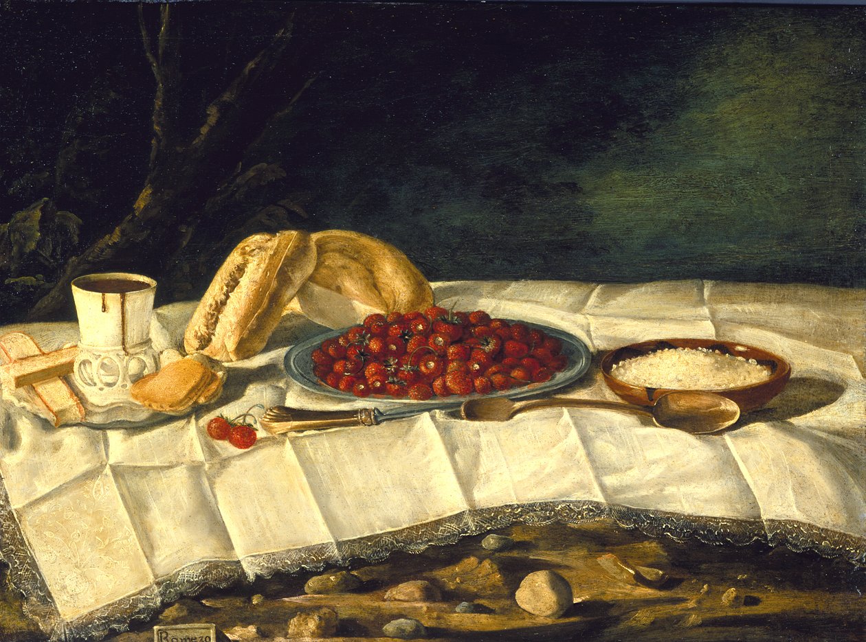 Ainda vida com morangos e chocolate, c.1775-1790 de Juan Bautista Romero