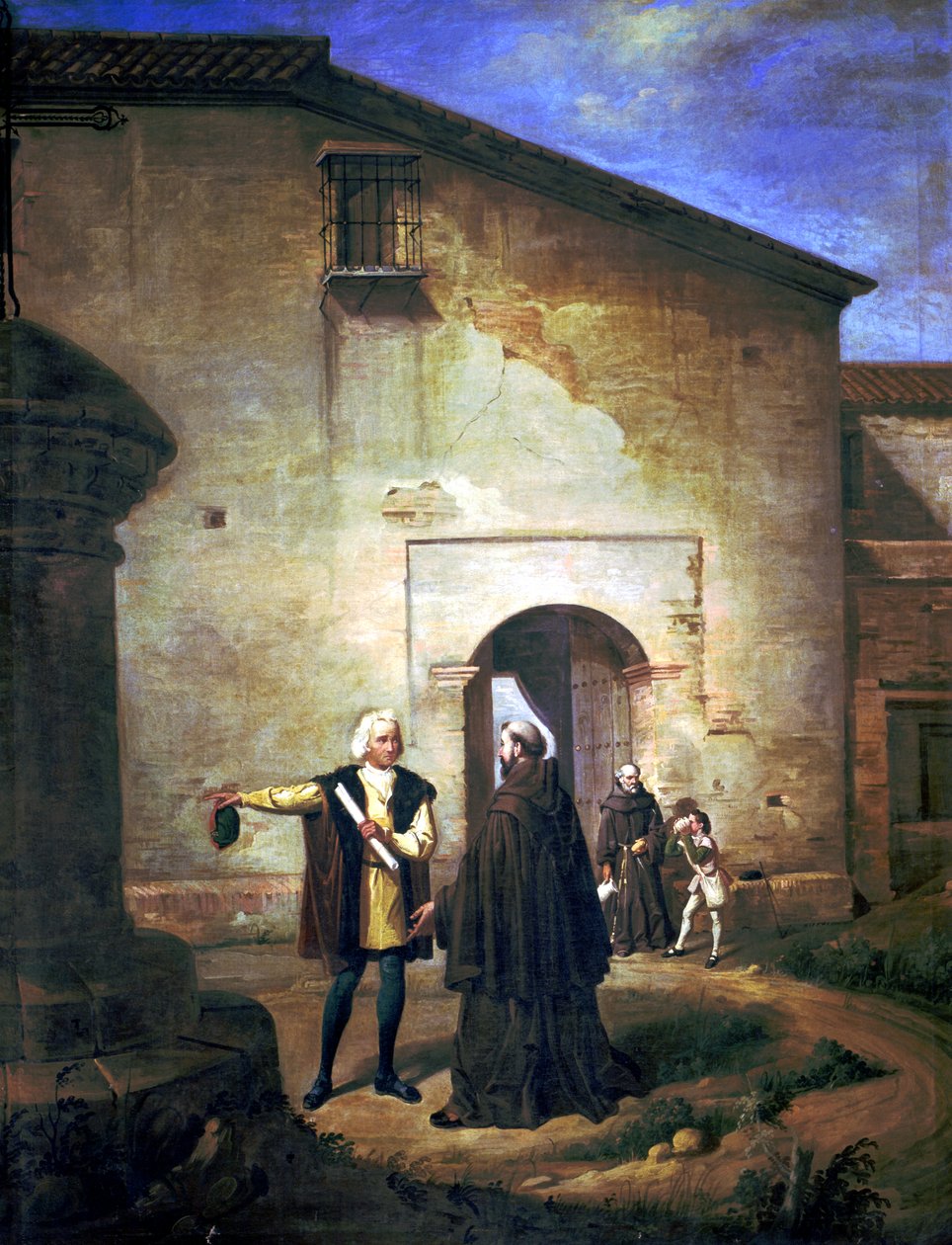 Chegada de Colombo e do seu filho Diego ao mosteiro da época de La Rabida em 1485 (óleo sobre tela) de Juan Cabral Bejarano