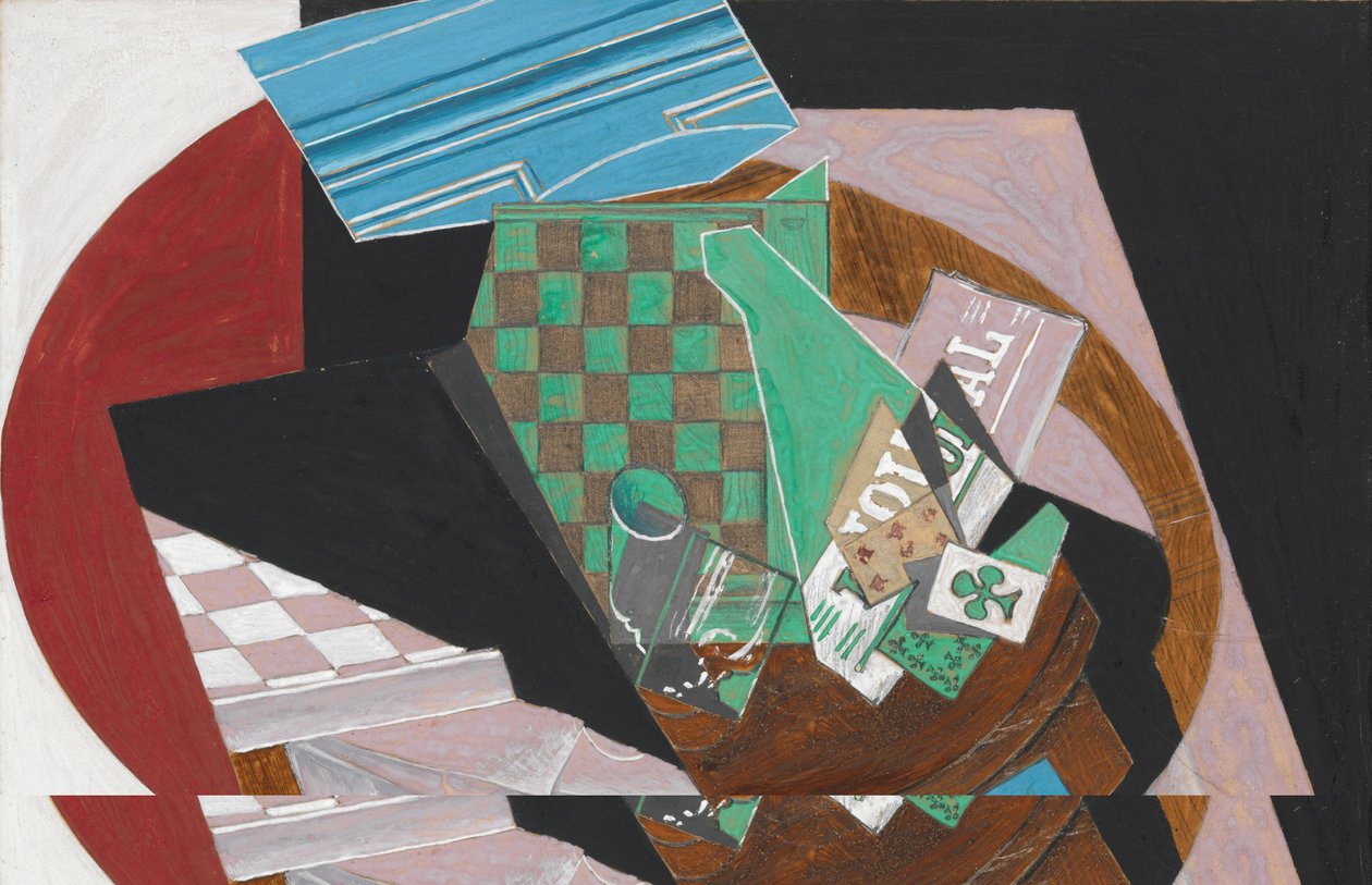 Tabuleiro de damas e baralhos, 1915 (guache, grafite e resina em papel de cor creme, montados em cartolina) de Juan Gris
