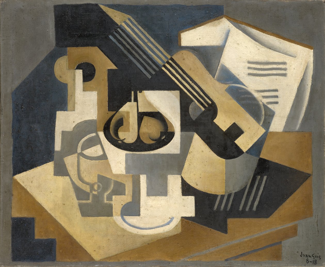 Guitarra e fruteira em uma mesa de Juan Gris