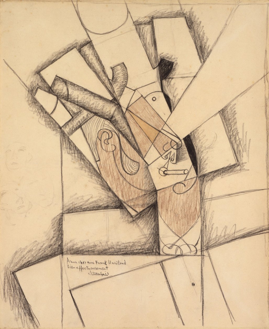 The Smoker, 1913 (carvão, giz de cera e papel lavado) de Juan Gris