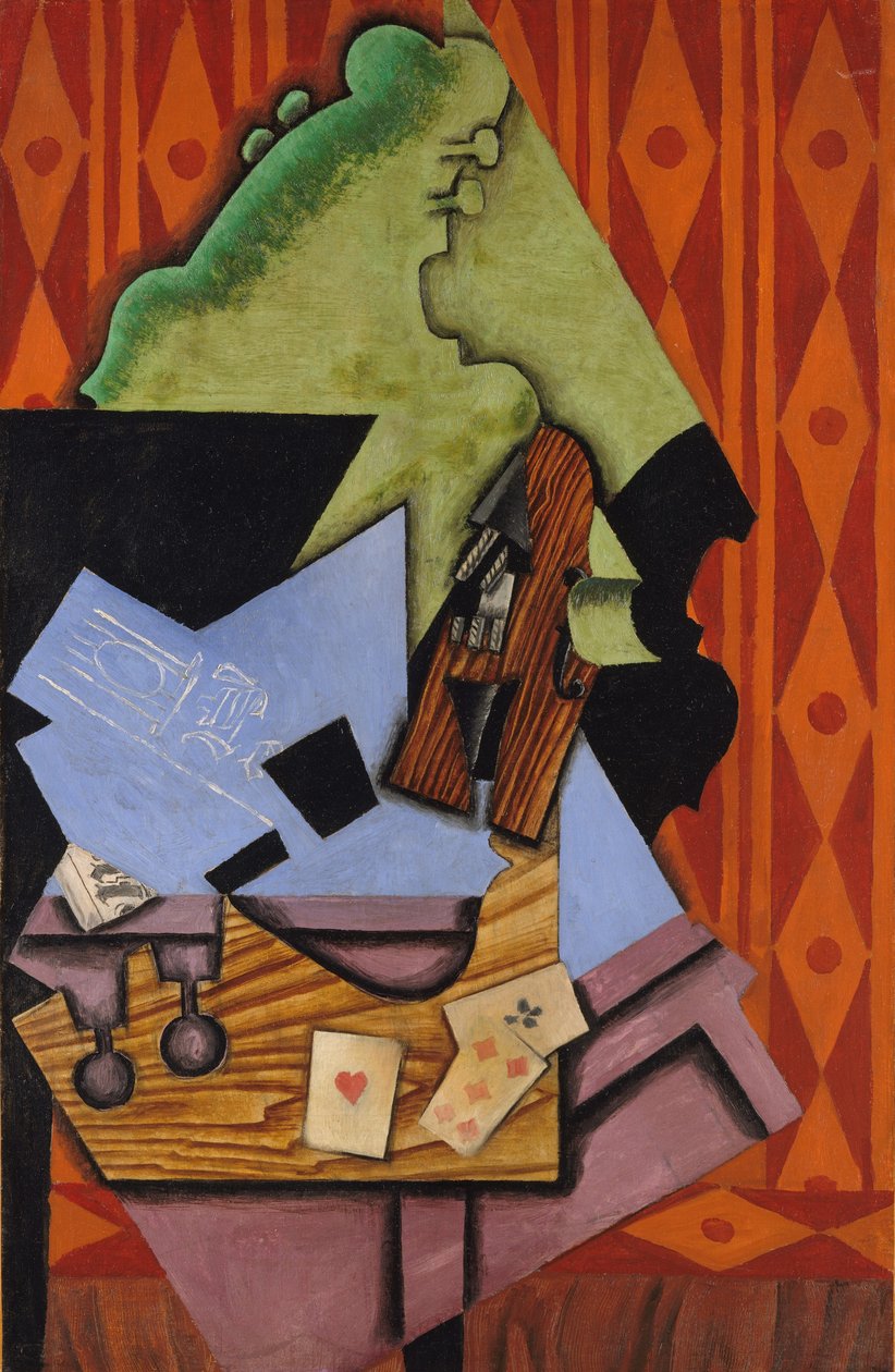 Violino e cartas de baralho em uma mesa, 1913 de Juan Gris