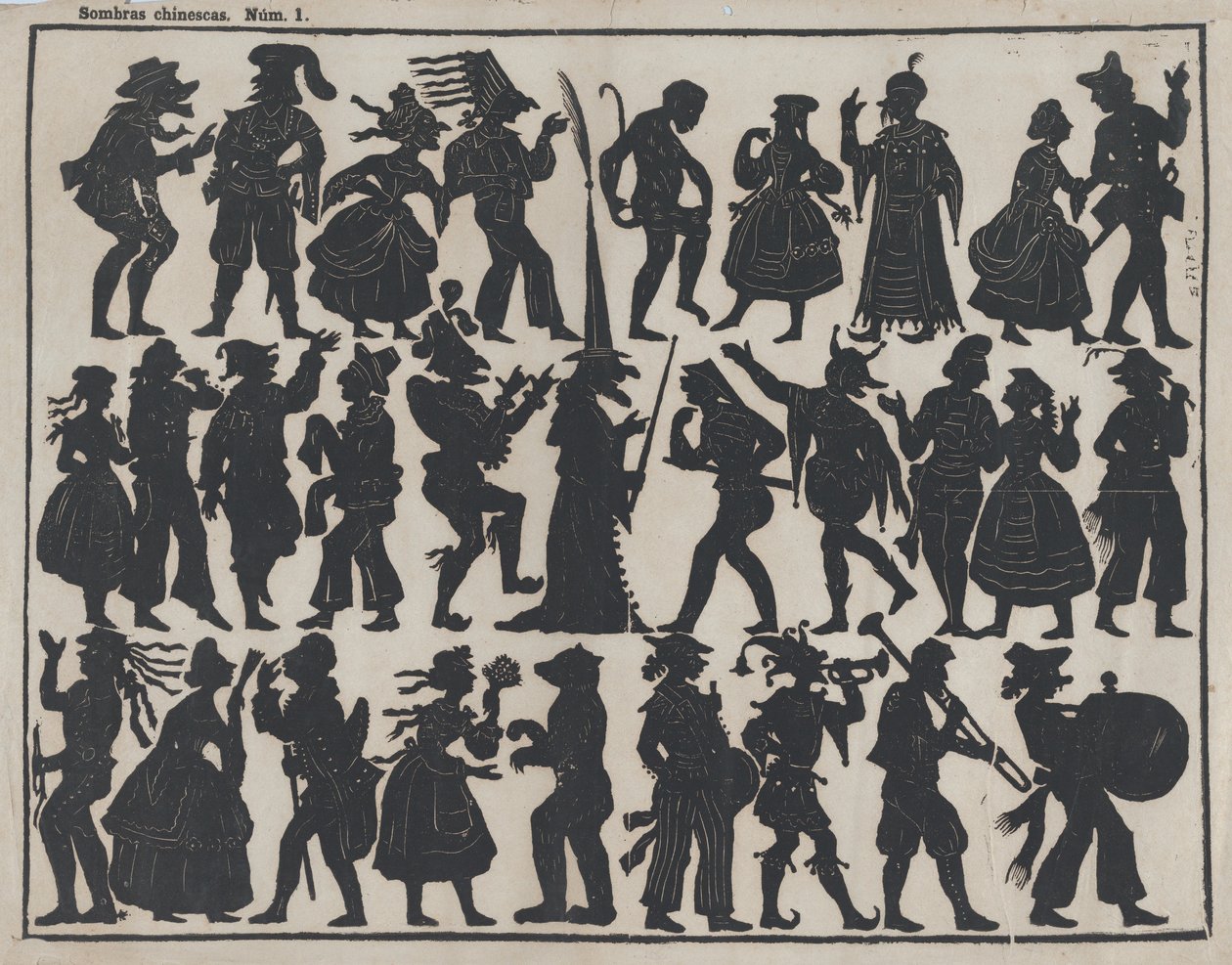 Folha 1 de figuras para bonecos de sombra chineses, ca. 1850-70. de Juan Llorens