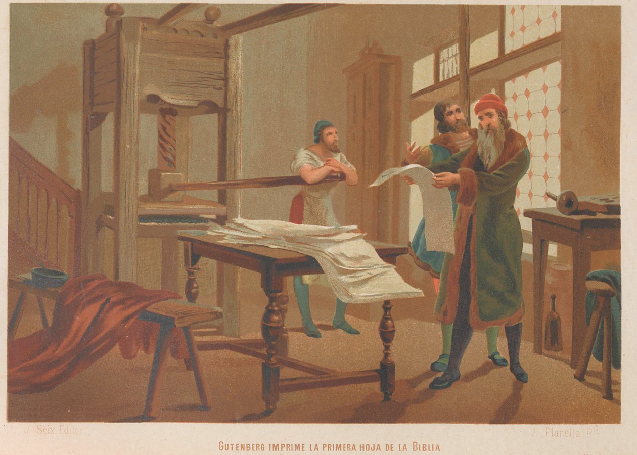 Gutenberg imprime a primeira página da Bíblia. De: Ciência e seus homens, 1879. de Juan Planella y Rodríguez