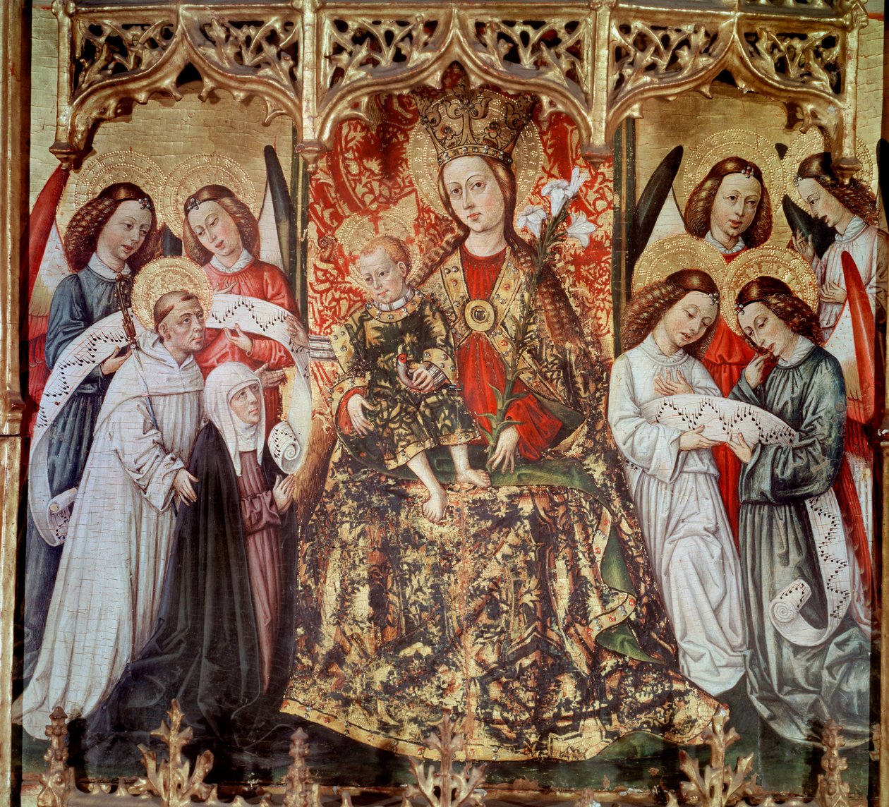 Peça Altar de Santa Úrsula: "Virgem e Criança com Santos e Anjos" Pintura de Joan Reixach (1431-1482) do mosteiro de Santa Maria de Poblet - 1468 (Peça Altar Santa Úrsula, pintura de Joan Reixach do mosteiro de Santa Maria de Poblet de Juan Rexach or Reixach