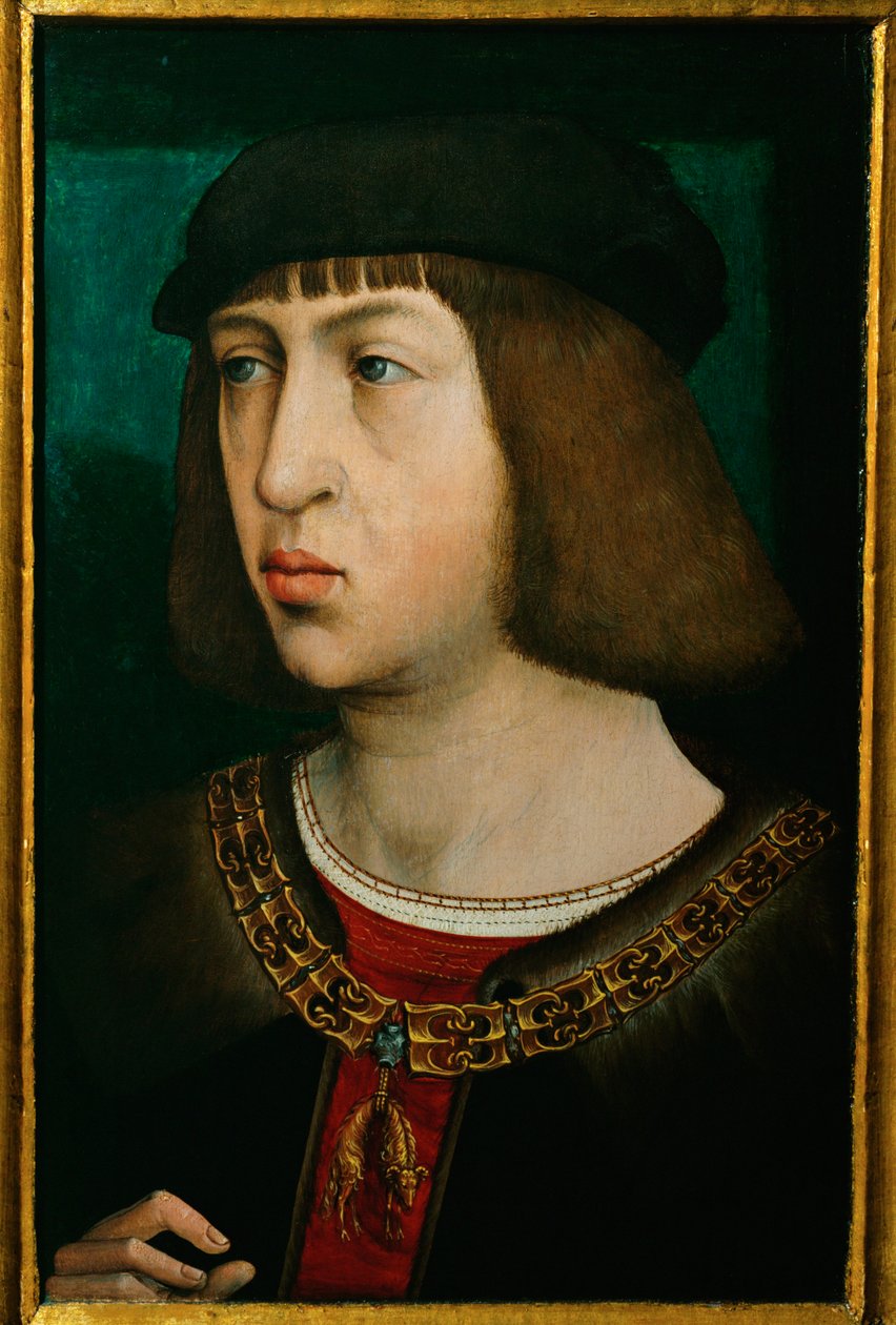 Philipp der Schoene, rei de Castela, filho do imperador Maximiliano, pai do imperador Carlos V ... (óleo sobre madeira de carvalho) de Juan de (attr. to) Flandes