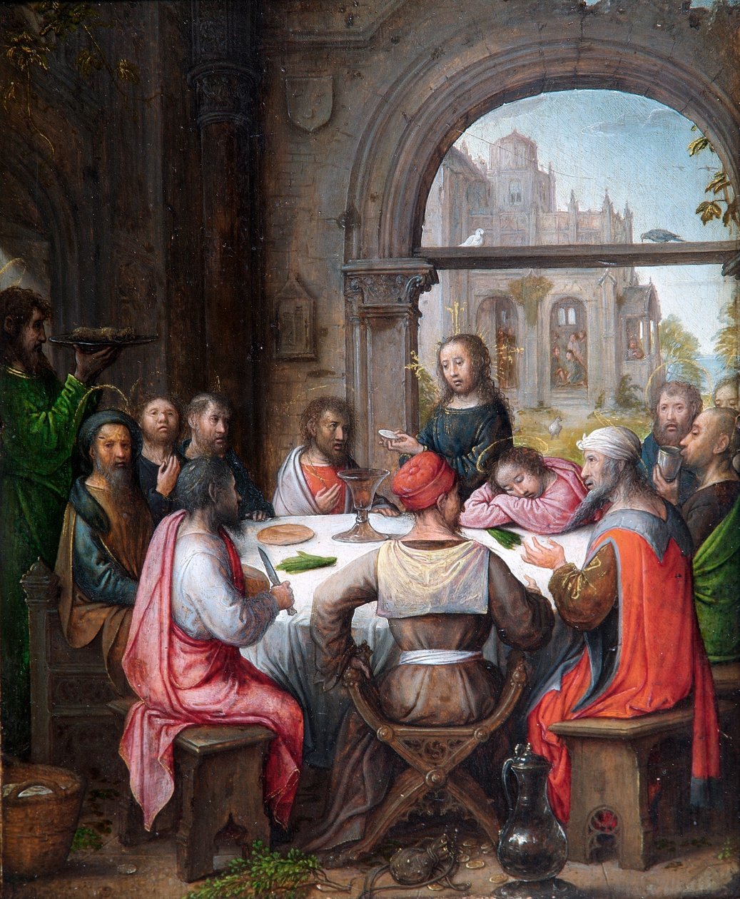 A Última Ceia, Com A Instituição da Eucaristia e Cristo Lavando os Pés dos Discípulos (óleo sobre painel de carvalho) de Juan de (school of) Flandes