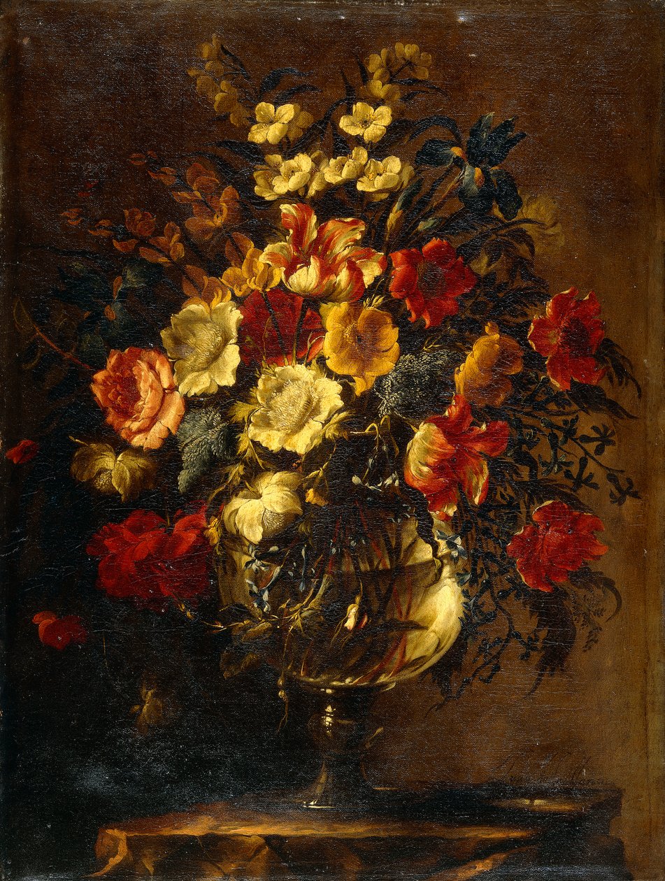 Flores em um vaso de vidro em uma rocha, de Juan de Arellano