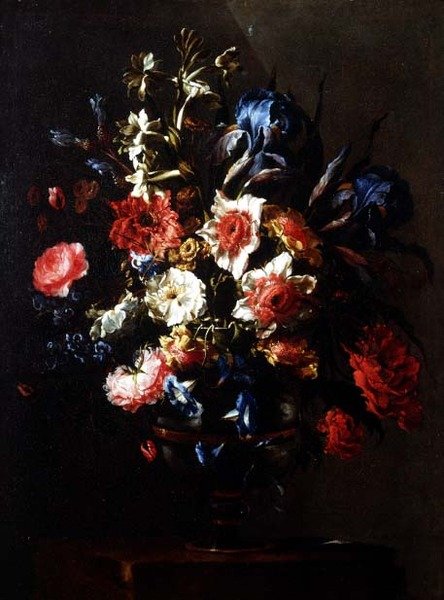 Iris, peônias, convolvuli e outras flores em uma urna sobre um pedestal de Juan de Arellano