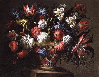 Natureza Morta de Tulipas, Narcisos e outras Flores numa Cesta de Juan de Arellano