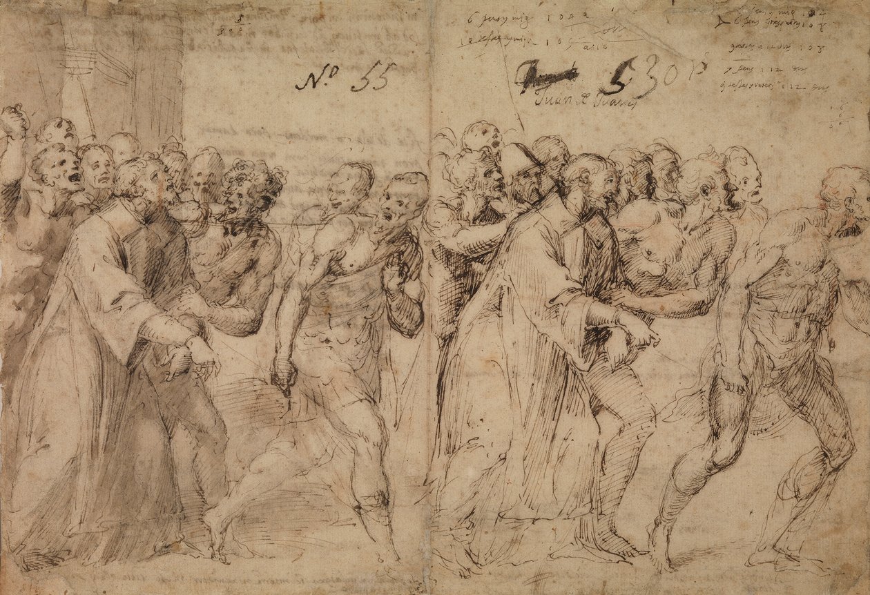 Estudo para Santo Estêvão sendo levado ao seu martírio, 1566 (caneta e tinta marrom, lavagem cinza e (depois) Traços de giz vermelho sobre papel) (reto) de Juan de Juanes Juan de Juanes
