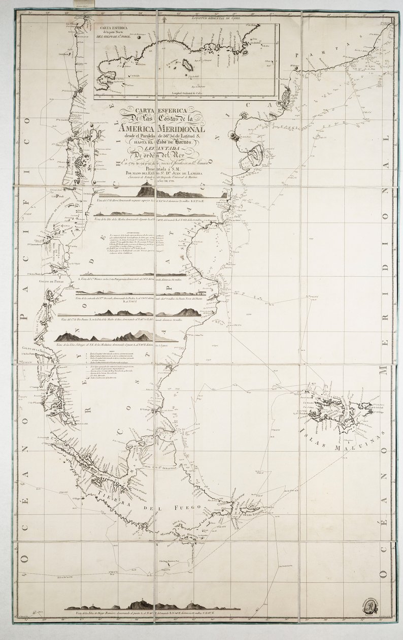 Mapa do Chile, da Patagónia, da Terra do Fogo e das Ilhas Falkland, c.1798 (gravura) de Juan de Langara
