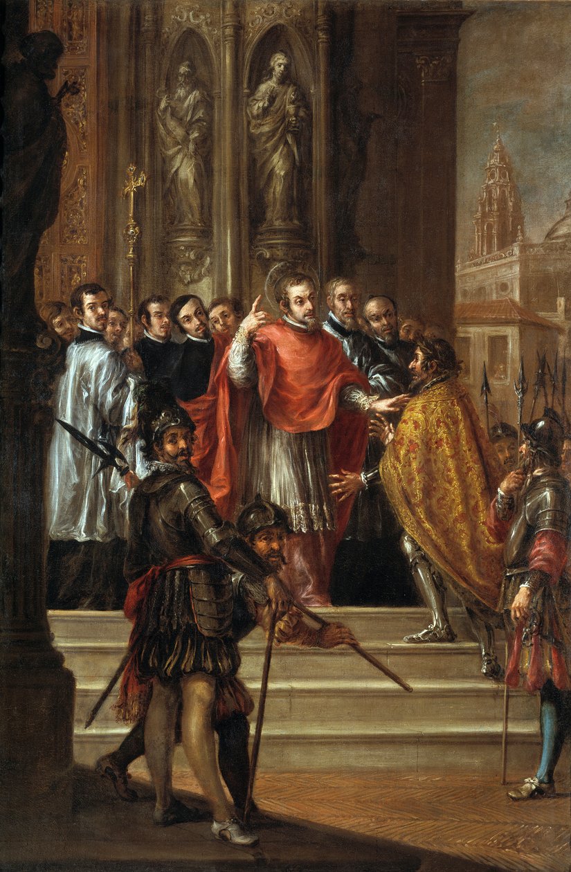 Santo Ambrósio negando ao Imperador Teodósio a entrada na Igreja, c.1673 (óleo sobre tela) de Juan de Valdes Leal